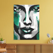 Quadro abstrato rosto de mulher verde cinza preto  キャンバスプリント (インサイチュ (リビング))