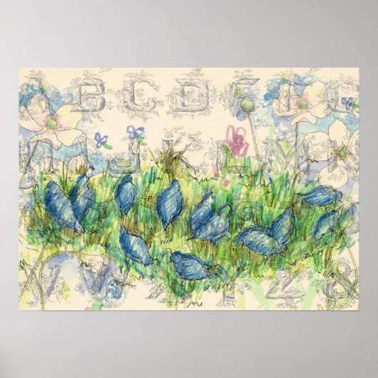 Quail Foraging Alphabet Collage ポスター (正面)