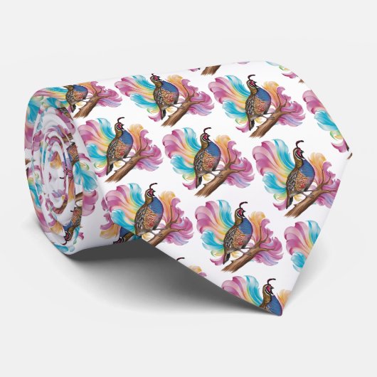 Quail on branchカラフル背景 ネクタイ (ロール)