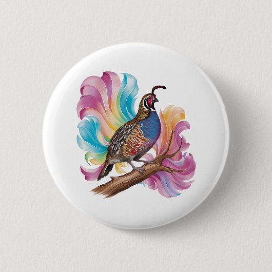 Quail on branchカラフル背景 缶バッジ (正面)