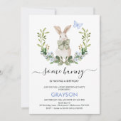 Quaint Blue Green Boys Little Bunny 1st誕生日 招待状 (正面)