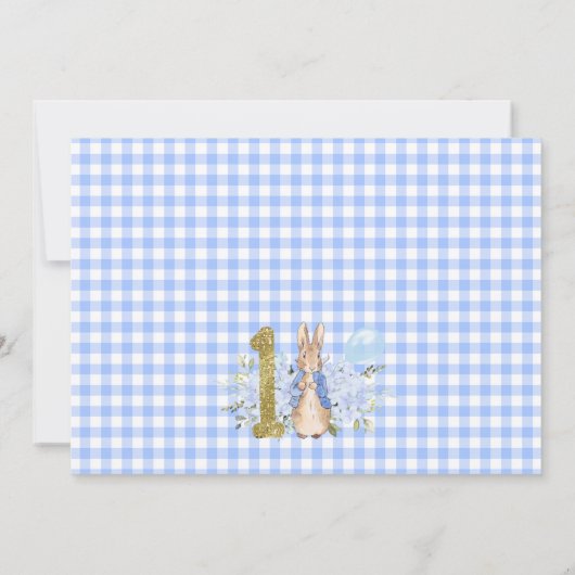 Quaint Blue Plaid Boys Bunny Rabbit 1st誕生日 招待状 (裏面)