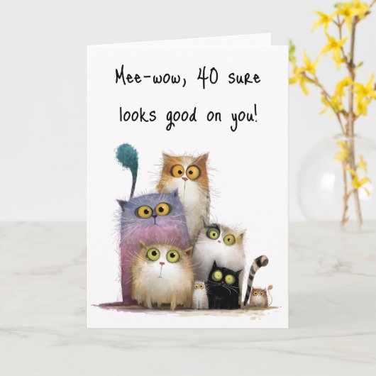 Quaint Cats with Big Eyes 40th Birthday Greeting カード (黄色い花)