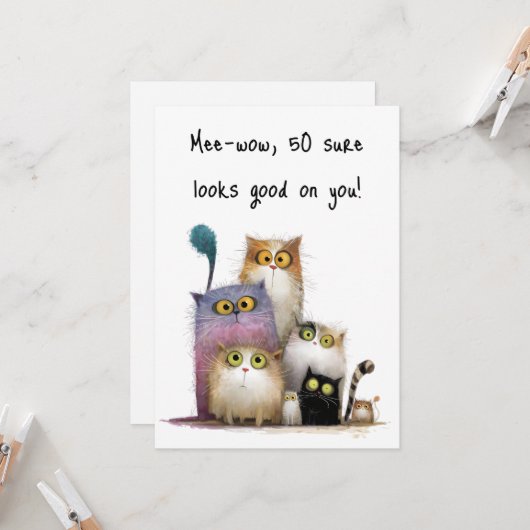 Quaint Cats with Big Eyes 50th Birthday Flat カード (正面/裏面インサイチュ)