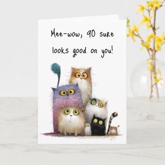 Quaint Cats with Big Eyes 90th Birthday Greeting カード (黄色い花)