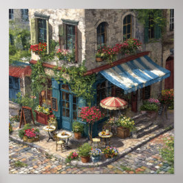 Quaint European Cobblestone Cafe Street Scene ポスター