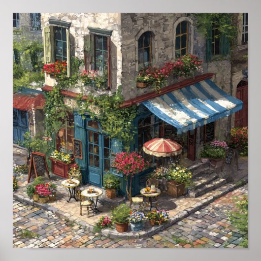 Quaint European Cobblestone Cafe Street Scene ポスター (正面)