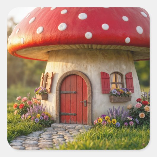 Quaint Mushroom Cottage with Polka Dot Roof スクエアシール (正面)