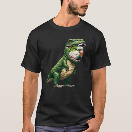 Quaker Parrot Wearing Dinosaur Outfit Funny Bird Tシャツ (正面)