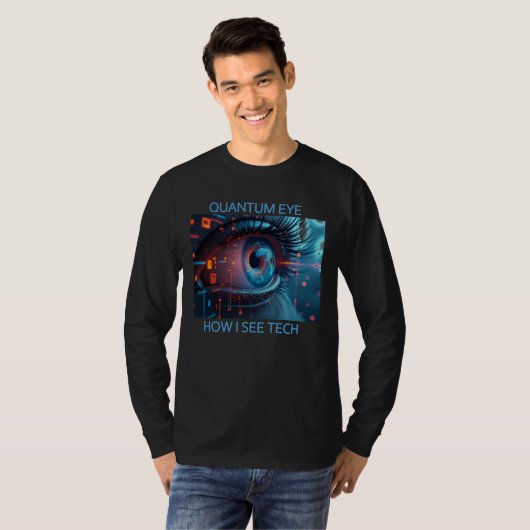 Quantum Eye TechメンズロングスリーブブラックTシャツ Tシャツ (正面フル)