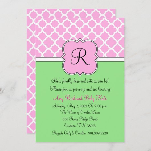 Quatrafoilのモノグラムの一口はベビーの招待状を見、 招待状 (正面/裏面)