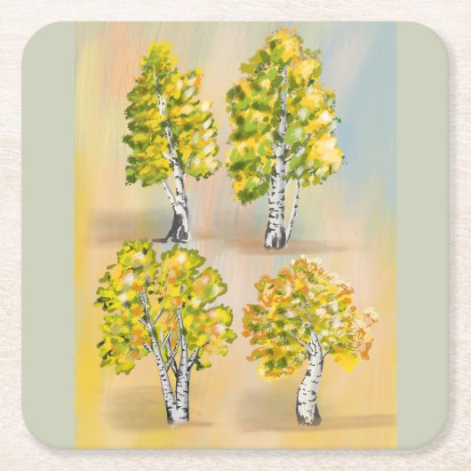 Quatre bouleaux en couleurs, botanique. スクエアペーパーコースター (正面)
