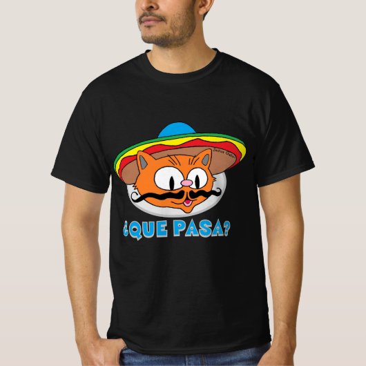 QUE PASA? カートゥーン マスタッシュ 猫 セニョール ガトー Tシャツ (正面)