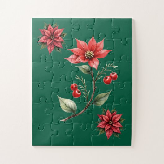 Quebra Cabeças Natal verde e Flores Vermelhas ジグソーパズル (縦)