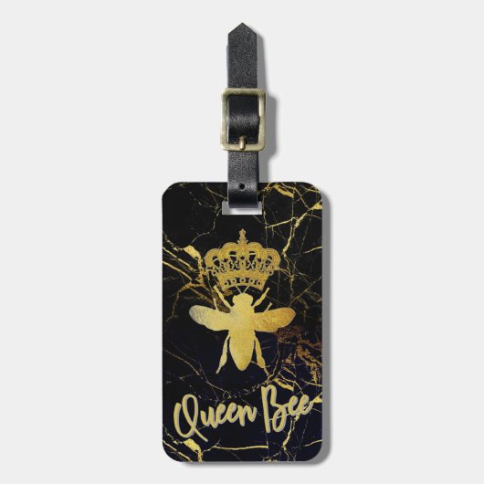 QUEEN BEE 黒と金のマーブル荷物タグ ラゲッジタグ (正面縦)