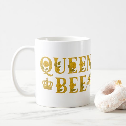 Queen Bee Gold Royal Crown Floral Honey Bee コーヒーマグカップ (ドーナツ)