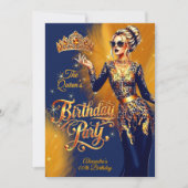 Queen Birthday Gold Orange Navy Blue Dress Party 招待状 (正面)