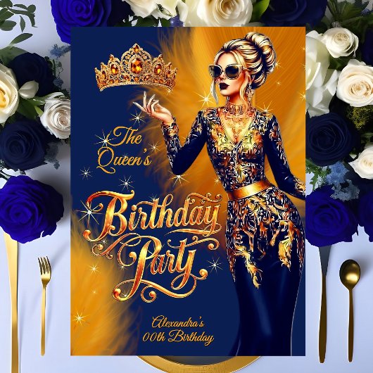 Queen Birthday Gold Orange Navy Blue Dress Party 招待状