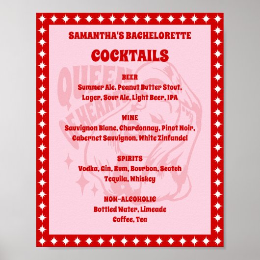 Queen of Hearts Bachelorette Cocktail Menu Sign ポスター (正面)