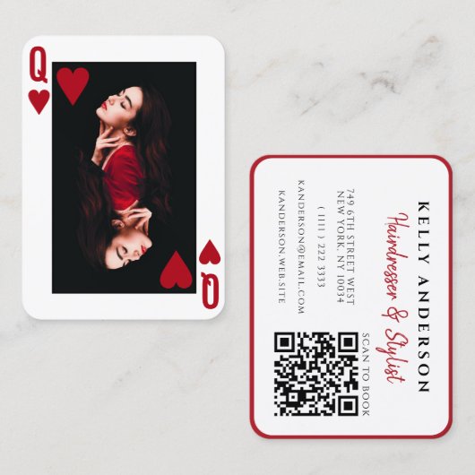 Queen of Hearts Feminine Photo QR Code Hairdresser 名刺 (正面/裏面)