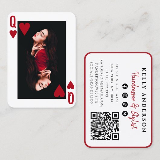 Queen of Hearts Photo QR Code Social Hairdresser 名刺 (正面/裏面)