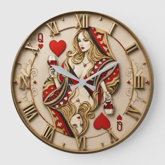 Queen of Hearts Playing Card Elegant Casino Queen ラージ壁時計 (正面)