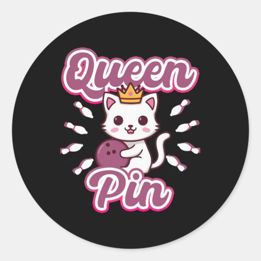 Queen Pin Women's Girls Bowling Cat  ラウンドシール (正面)