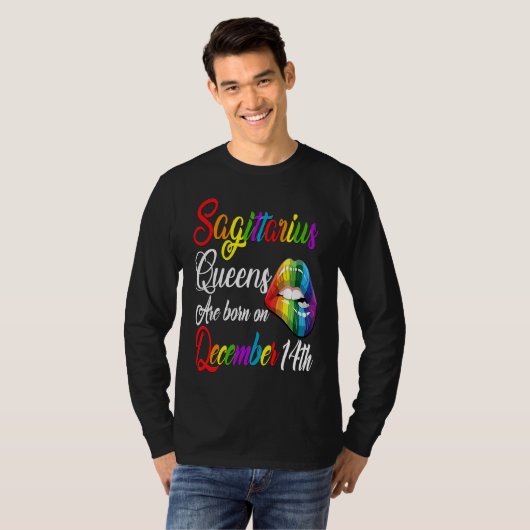 Queens Are Born on December 14th Rainbow Lips Sagi Tシャツ (正面フル)