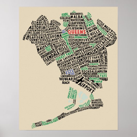 Queens, New York Typography Map Art Poster ポスター (正面)