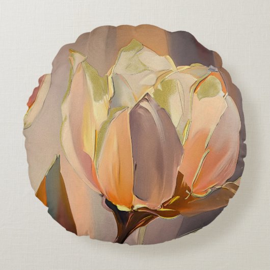 Quiet Bloom – Abstract Tulips In Soft Gold ラウンドクッション (正面)