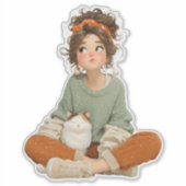 Quiet Daydream Girl & Cat – Premium Art Sticker シール (正面)