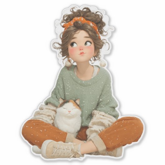 Quiet Daydream Girl & Cat – Premium Art Sticker シール (正面)