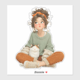 Quiet Daydream Girl & Cat – Premium Art Sticker シール