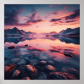 Quiet Lake Sunset Poster, Reflective Mountain Dusk ポスター (正面)