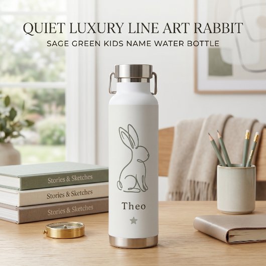 Quiet Luxury ラインアート うさぎ セージグリーン 子供 名前入り  ウォーターボトル