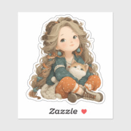 Quiet Moment Girl & Cat – Premium Art Sticker シール