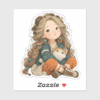 Quiet Moment Girl & Cat – Premium Art Sticker シール