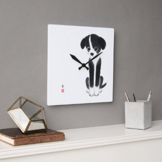 Quiet Paws - Minimalist Ink Puppy スクエア壁時計