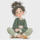 Quiet Seated Girl & Cat – Premium Art Sticker シール (正面)