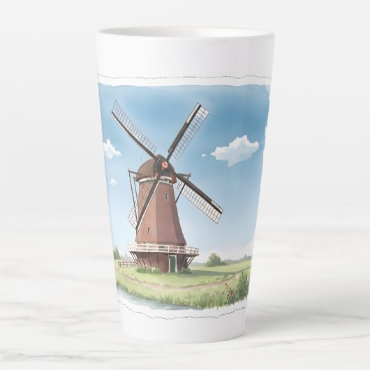 Quiet Windmill in the Fields – Soft Watercolor Lan カフェラテマグ (正面)