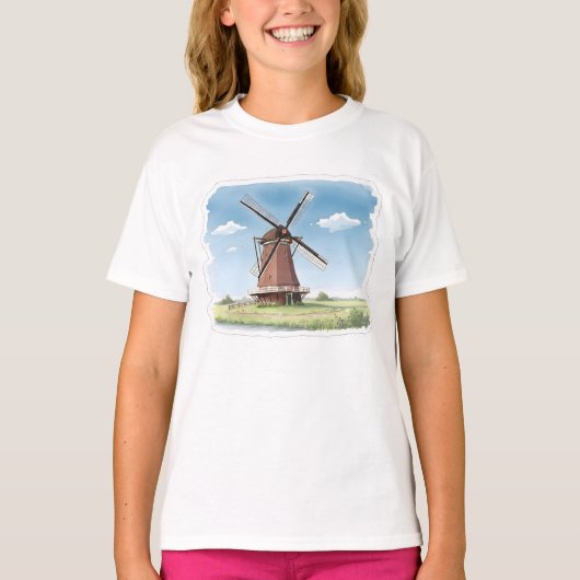 Quiet Windmill in the Fields – Soft Watercolor Lan Tシャツ (正面)
