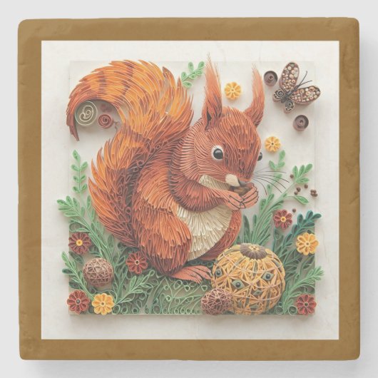Quilling Effect Red Squirrel in Autumn ストーンコースター (正面)