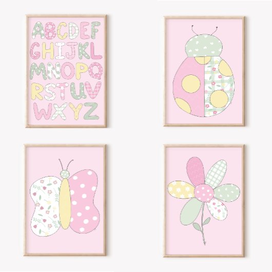 Quilt Art Print Set: Alphabet on Pink Background ポスター