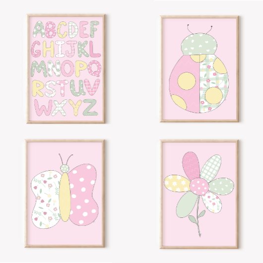 Quilt Art Print Set: Ladybug on Pink Background ポスター
