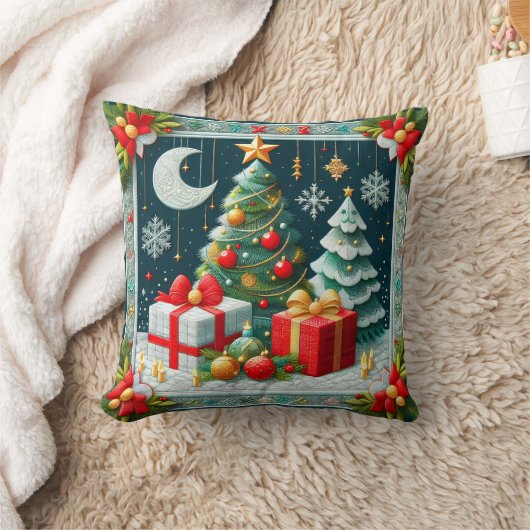 Quilt Look Christmas Scene Decorated Trees  クッション (ブランケット)