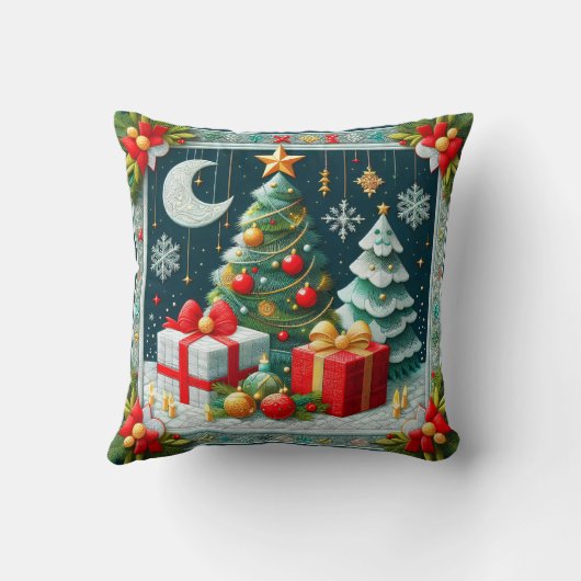 Quilt Look Christmas Scene Decorated Trees  クッション (裏面)