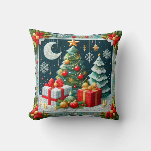Quilt Look Christmas Scene Decorated Trees  クッション (正面)