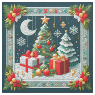 Quilt Look Christmas Scene Moon and Trees ファブリック
