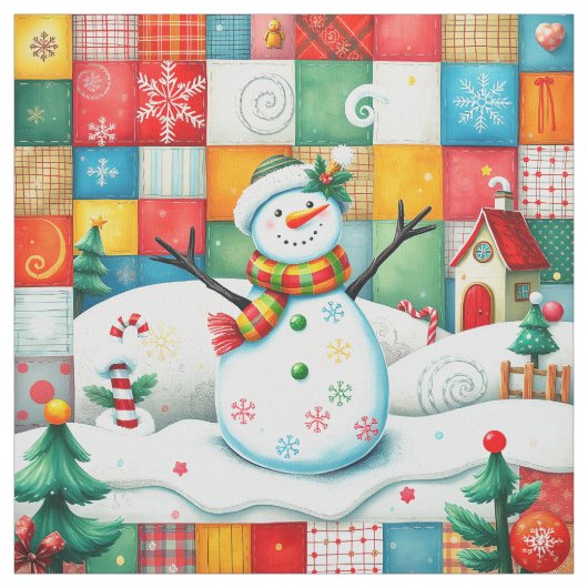 Quilt Look Patchwork Christmas Snowman ファブリック (見本)