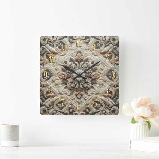 Quilted Cream Gray Ornate Arabesque スクエア壁時計 (ホーム)